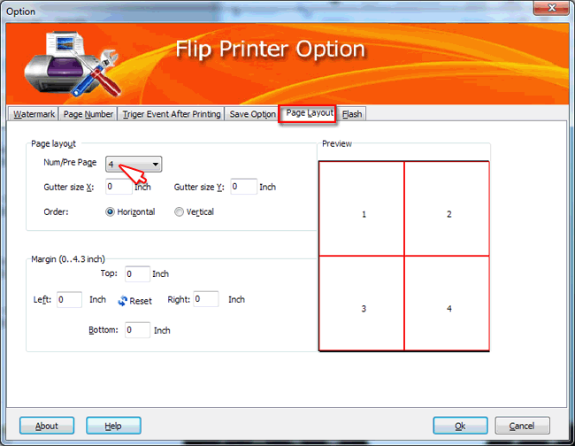 flip printer page layout setting